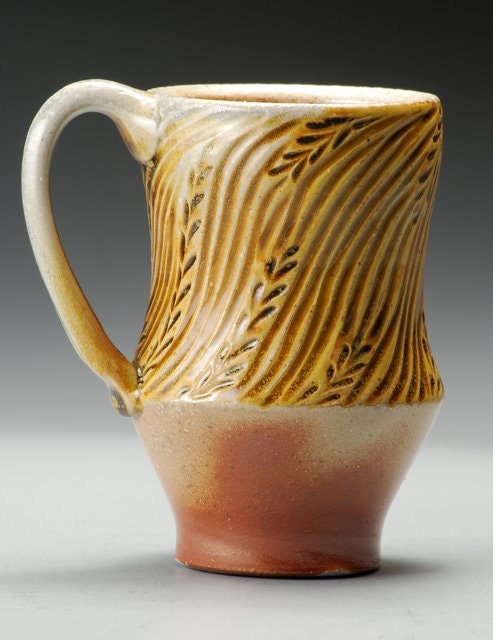 Amber Carved Mug, hand carved stoneware, textures inspired by nature