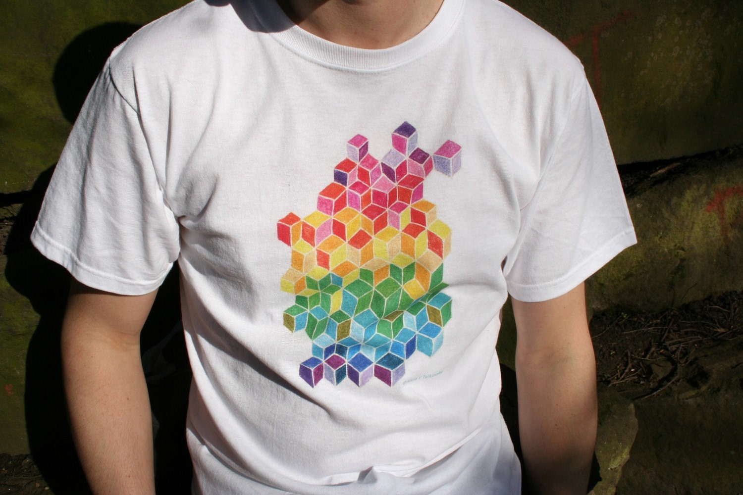 Colorful design T-shirt rainbow colour cubes bright design on white cotton UK seller