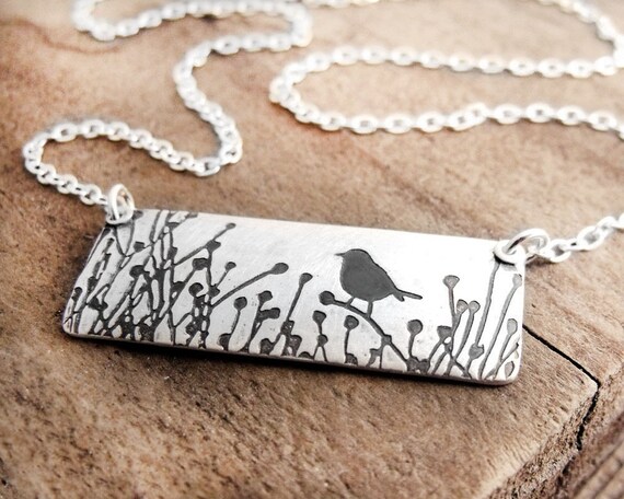 Bird necklace - Little bird in the tall grass -  silver
