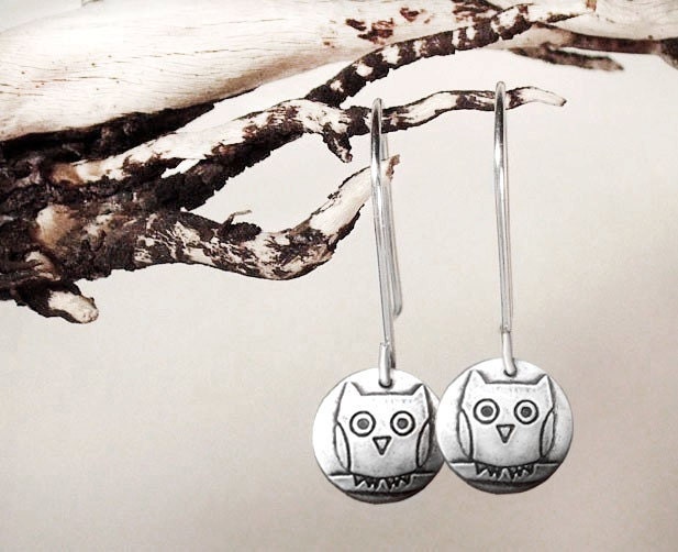 Owl earrings - silver dangle drop earrings eco friendly