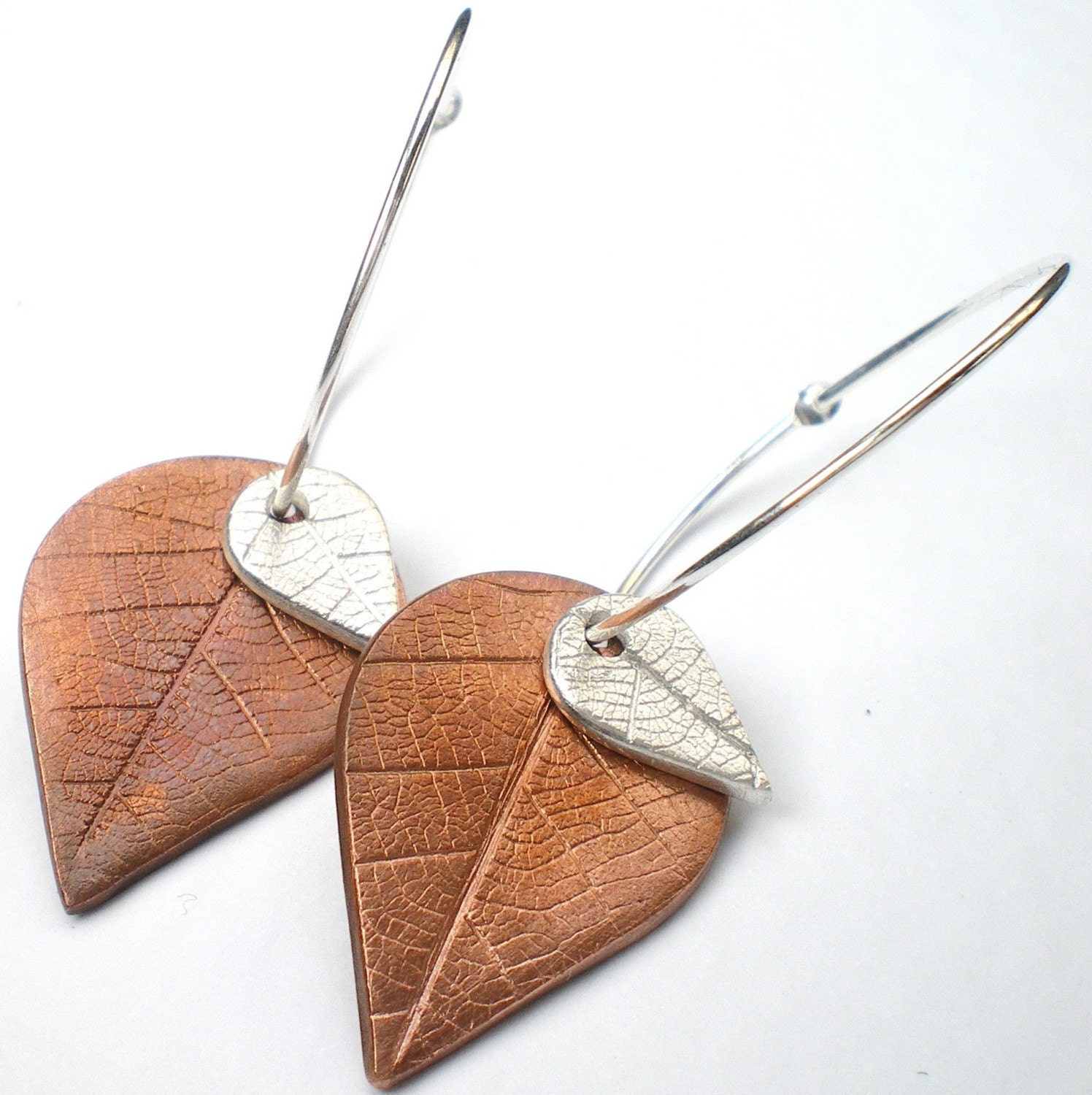 Copper and Silver Hoop Teardrop Leaf Earrings, Copper Leaf Earrings, Silver Leaf Earrings, Leaf Skeleton