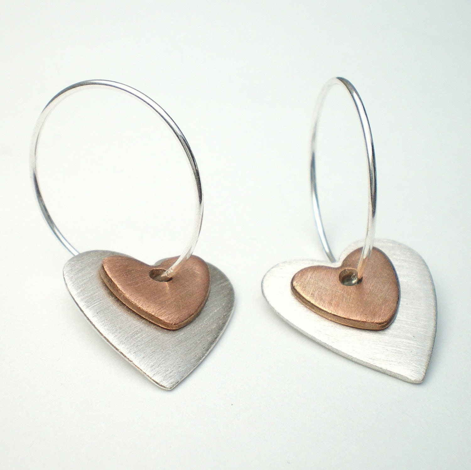 Silver and Copper Heart Earrings, Silver Heart Earrings, Copper Heart Earrings