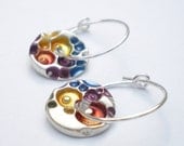 Small Round Enamel Silver Hoop Earrings, Coral Enamel Earrings, Multi Color Enamel Earrings