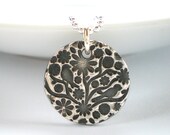 Round Silver Bird Pendant, Silver Flower Pendant, Floral Bird Pendant