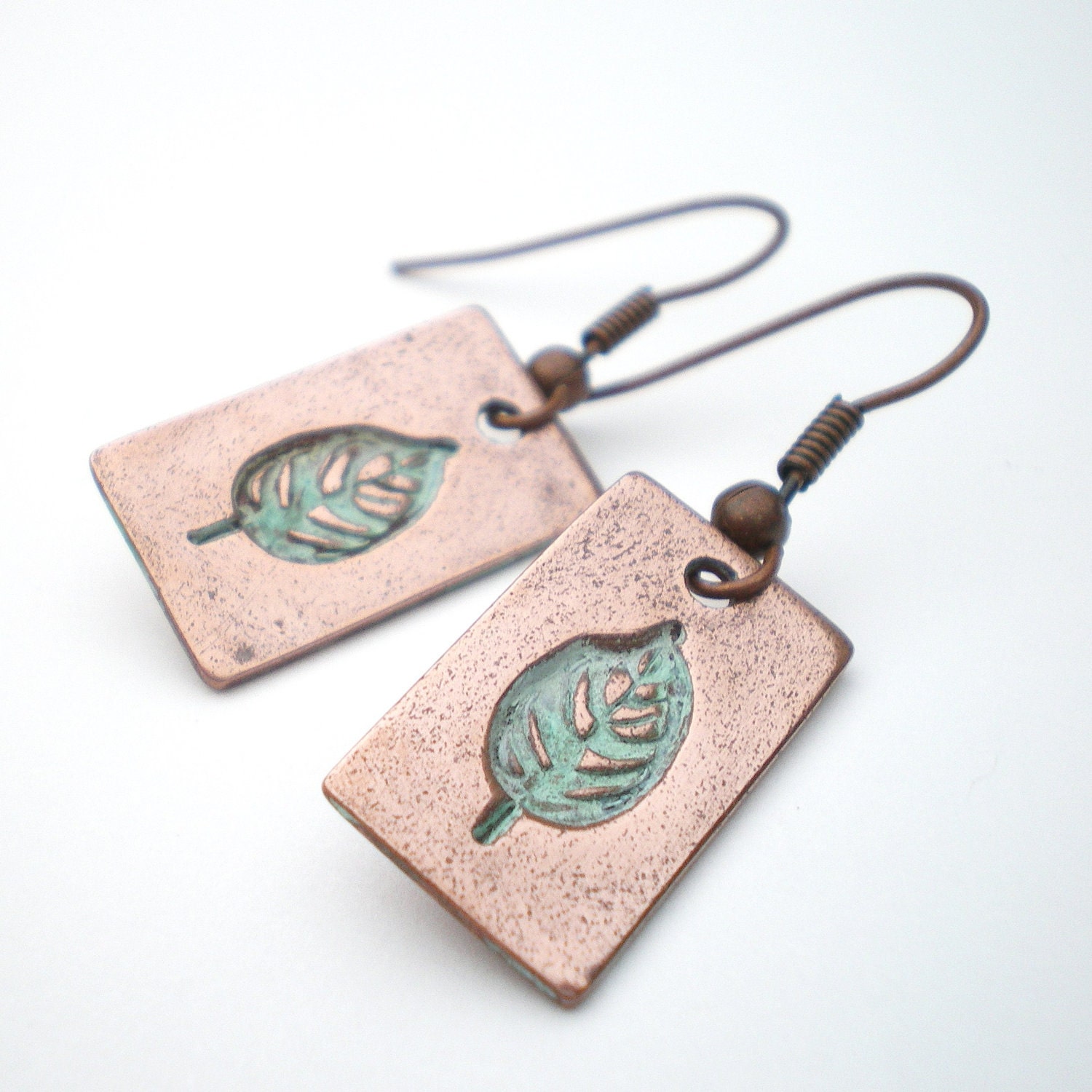 Copper Leaf Earrings, Leaf Motif Earrings, Copper Leaves Earrings, Verdigris Earrings, Verdigris Leaves