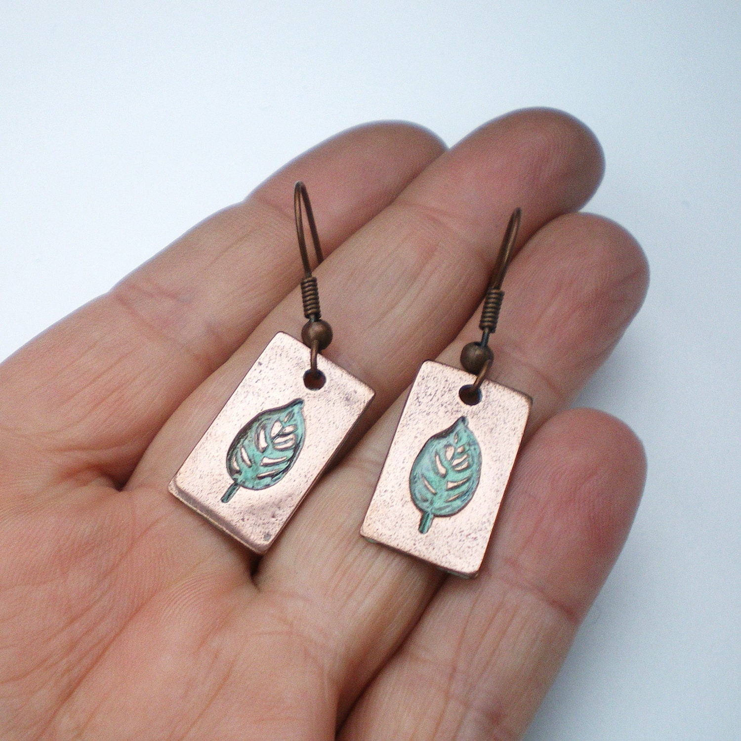Copper Leaf Earrings, Leaf Motif Earrings, Copper Leaves Earrings, Verdigris Earrings, Verdigris Leaves
