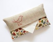 Pink Bird. Linen with floral fabric. Hand embroidered.