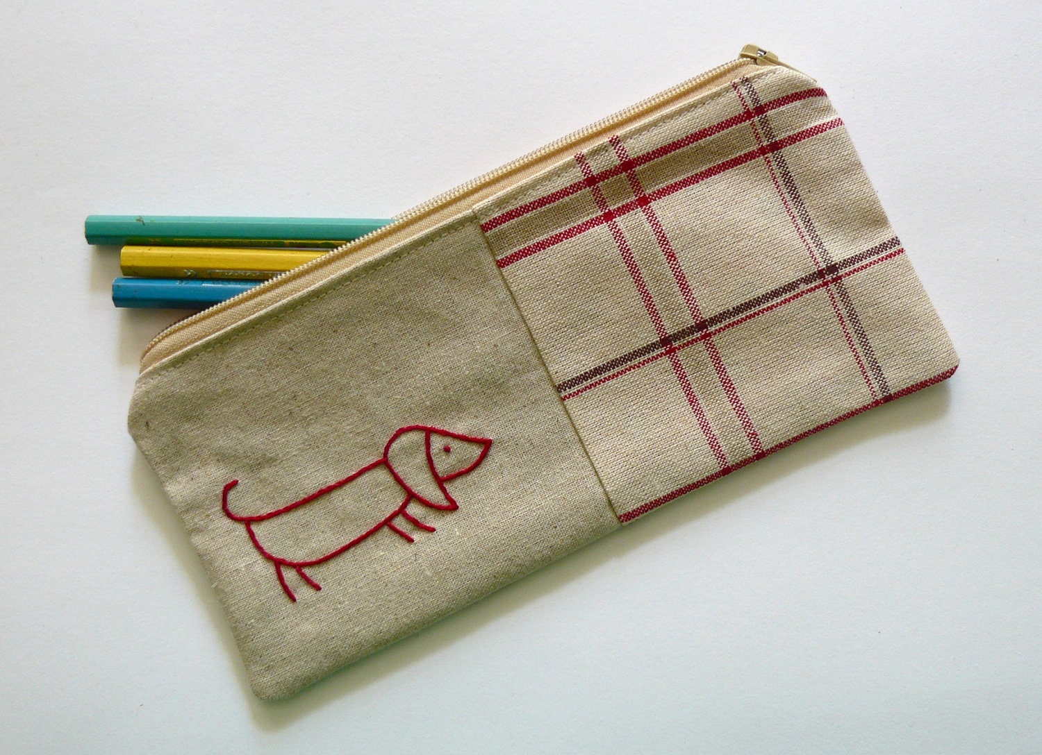 Sausage dog pencil case or zipper pouch. hand embroidery in red with gingham fabric