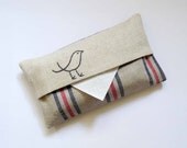 Nautical Tissue Holder. bird stitched in navy blue. red and navy striped linen. Hand embroidered.