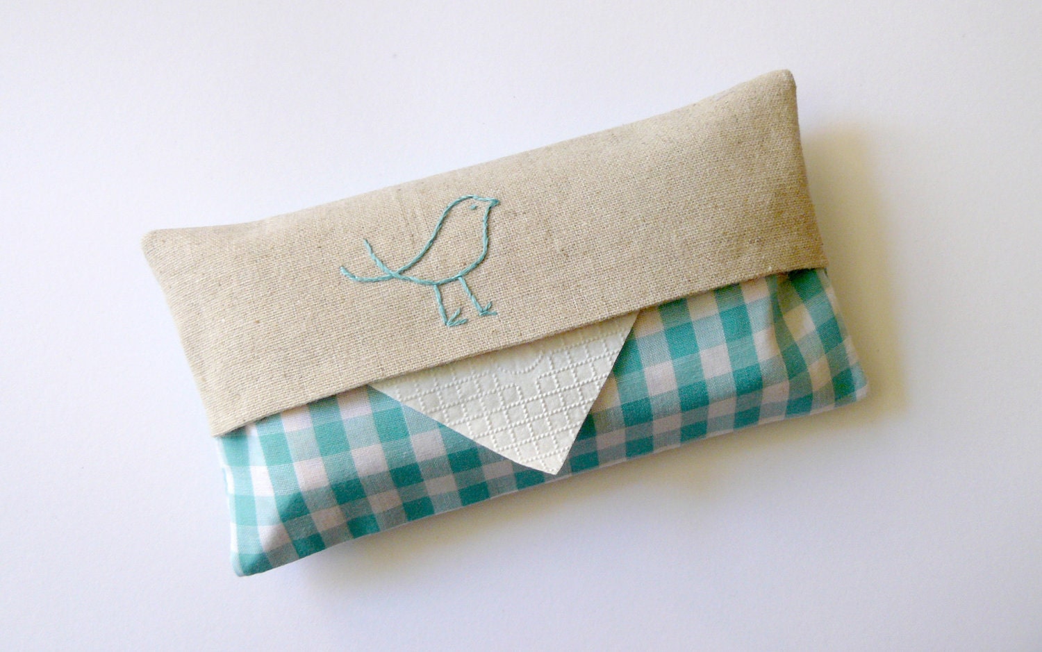 Tissue Holder. Bird. Linen with green blue gingham fabric. Hand embroidered.
