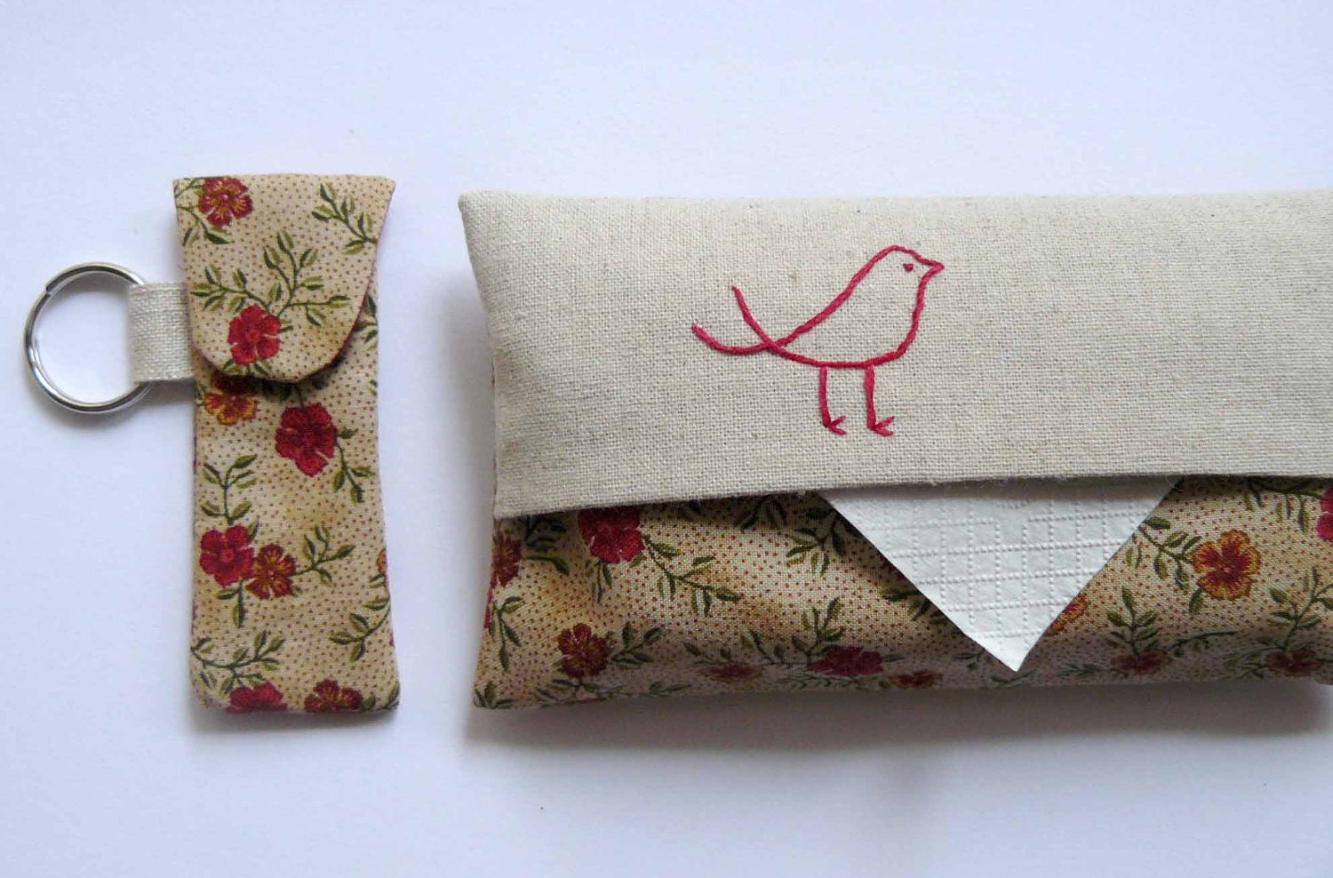 Tissue Holder and Stashie Key Ring pack, antique inspired rose floral fabric