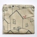 zipper pouch, purse. red fox squirrel and bird embroidery. navy blue houses on taupe sustainable linen cotton blend designed fabric.