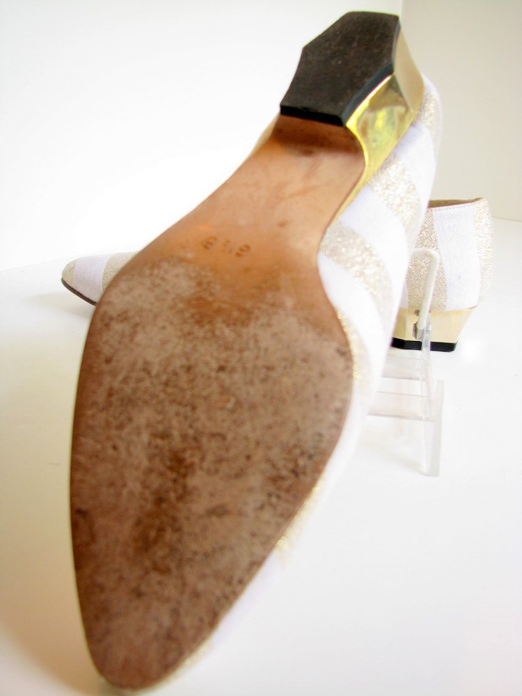 1980s Escada Shoes Gold and White Striped Vintage Flats Size 6.5 B