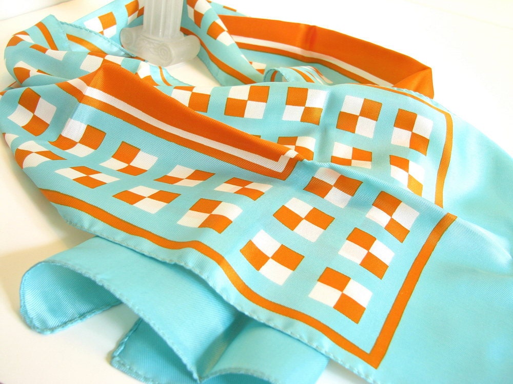 Vintage Aqua and Orange Rectangle Italian Scarf Exploded Checkerboard Print
