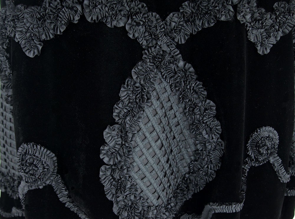 50s Black Velvet Full Skirt Party Dress w/ Spectacular Ribbon Detail XS