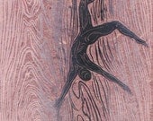 Floating World I Figure Floating Dancing Flying Woodcut on Hickory Handmade Paper