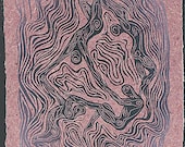 Floating World IV Dancing Figures Surreal Woodcut on Hickory Handmade Paper