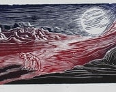 Blue Red Color Woodcut Couple in Yoga Pose Moonlight Southwest Landscape Nature Lover