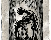 Original Woodcut Print on Handmade Paper Worship Classic Partner Yoga Pose