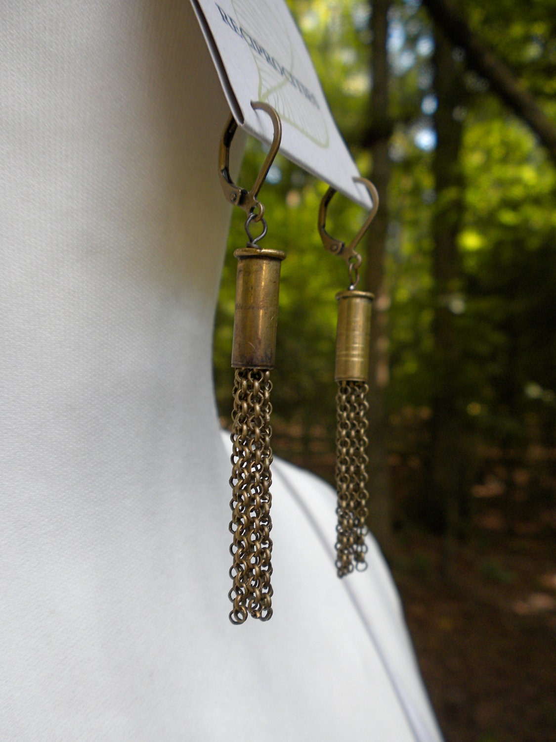 Sleek Alchemy Tassel Earrings with 22 Caliber Shell Casings & Antiqued Brass Chain