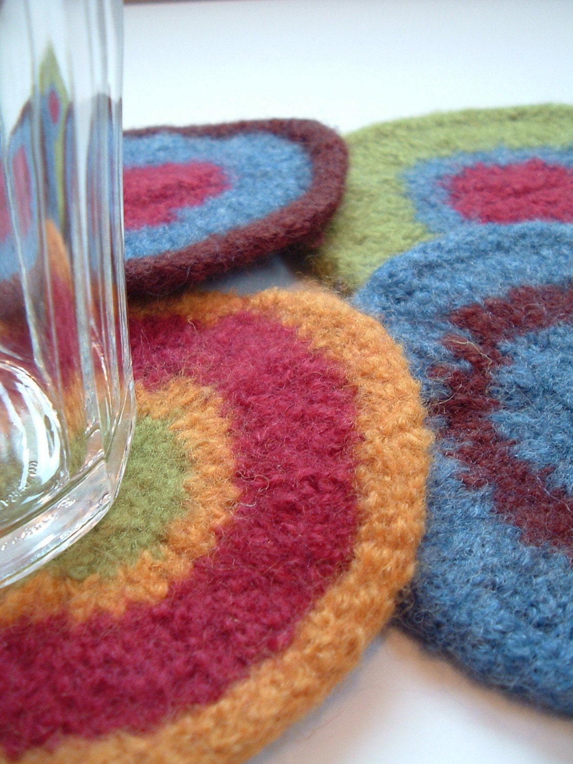 Felted Wool Coasters - Cranberry, Green, Brown, Gold, Blue - 1