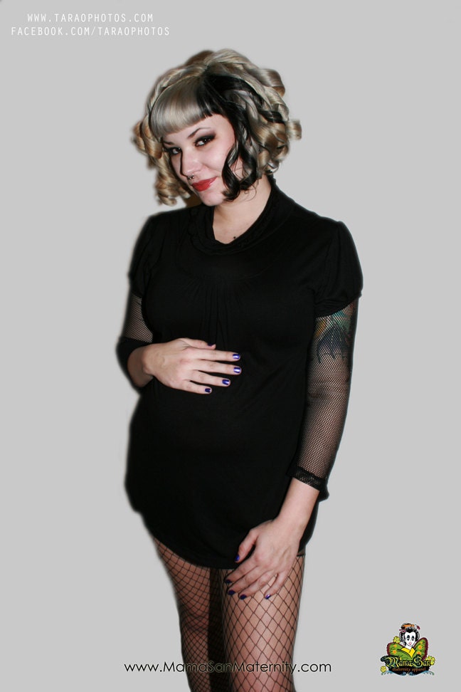Punk Goth Rockabilly black maternity top with mesh sleeves from MamaSan Maternity