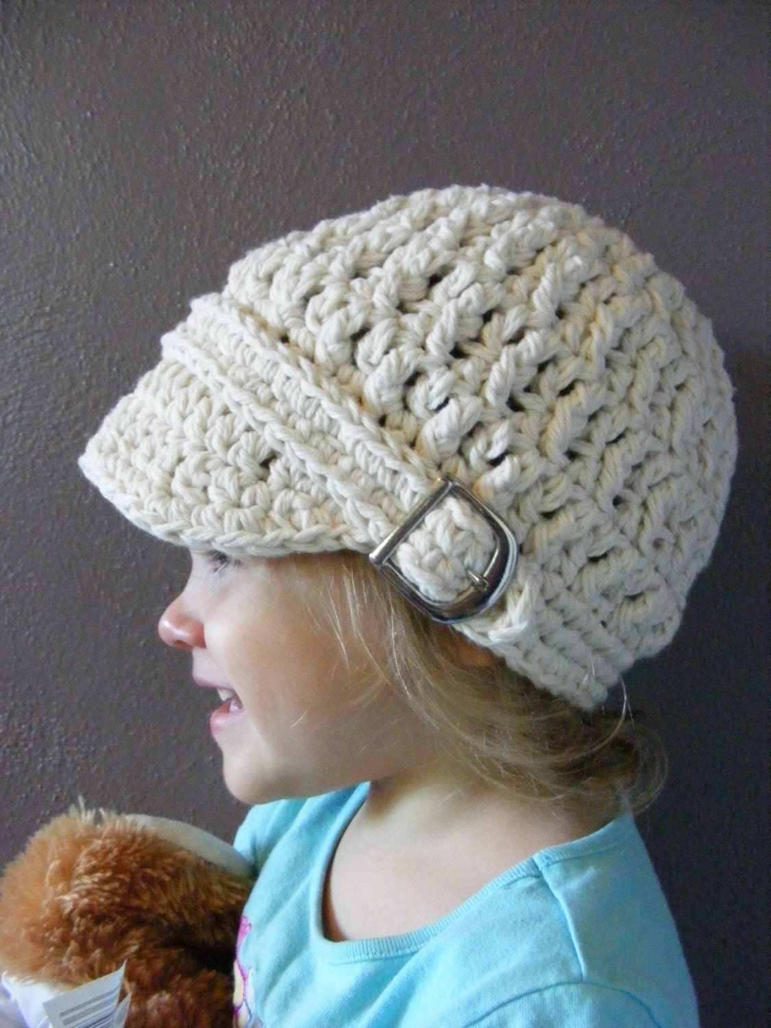 Toddler Hat, 1T to 2T Toddler Boy or Toddler Girl Crochet Cotton Visor Hat Buckle Beanie - Ecru Trendy Warm Winter Toddler Visor Beanie