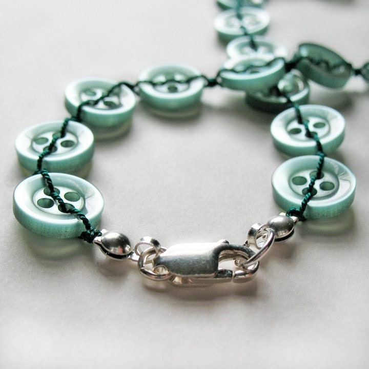 SALE monochromatic green stitched modern button necklace with sterling silver