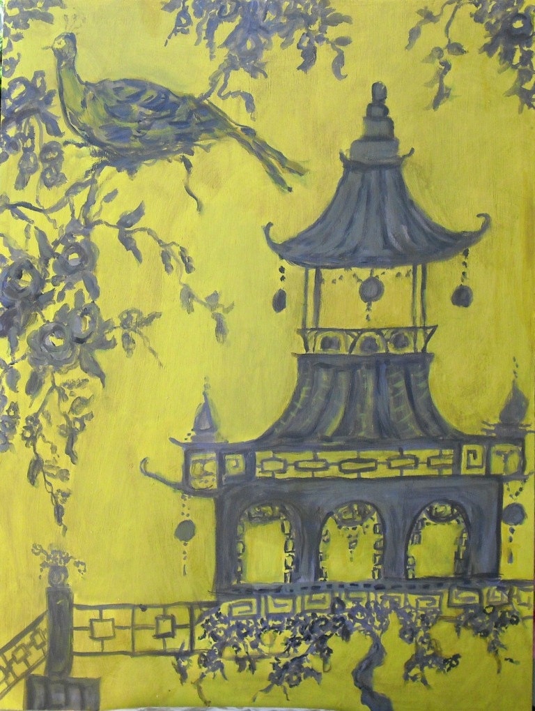 Yellow and Grey chinoiserie print