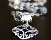Silver Cross Extra Long Charm Necklace with White and Gray Agate accents-Madre de Olivia