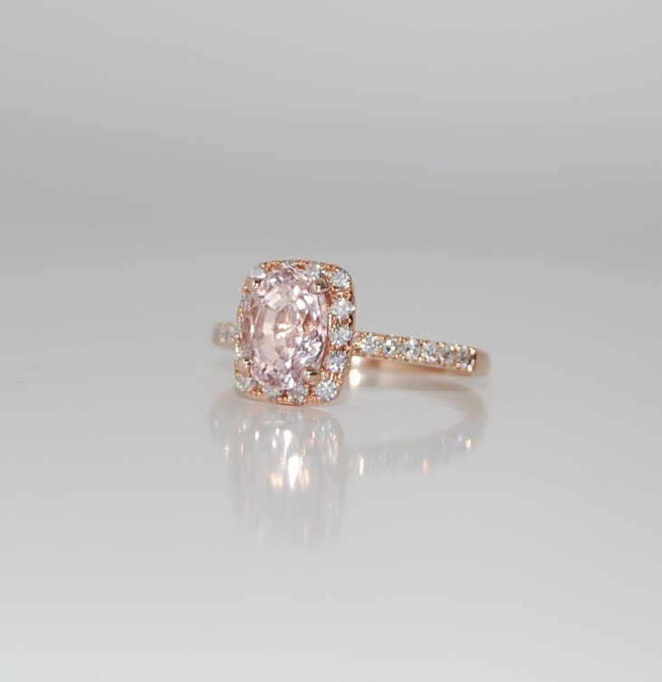 2.5ct Cushion peach champagne sapphire in 14k rose gold diamond ring