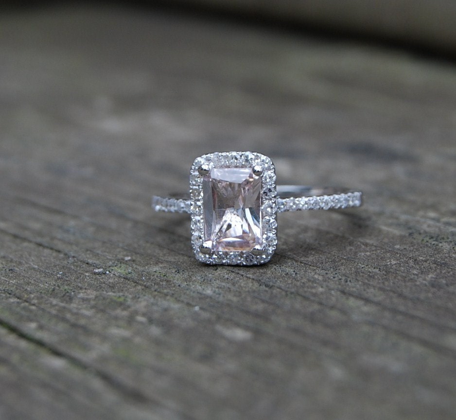 1ct Cushion emerald Champaghe peach sapphire in a 14k white gold diamond ring