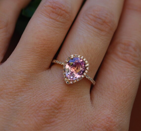 2.2ct Peach pink champagne tear drop sapphire and rose gold diamond engagement ring