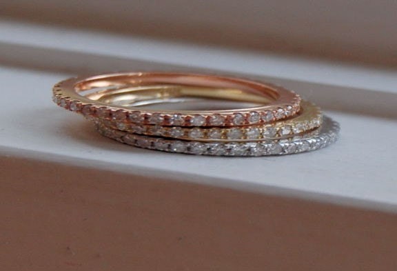 Skinny and stackable eternity diamond wedding band 14k WHITE or ROSE or YELLOW gold