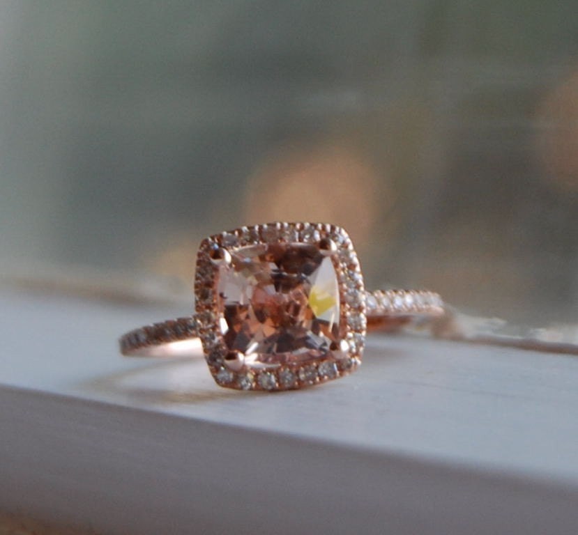 Cushion peach champagne sapphire in 14k rose gold diamond ring-on hold-2nd payment