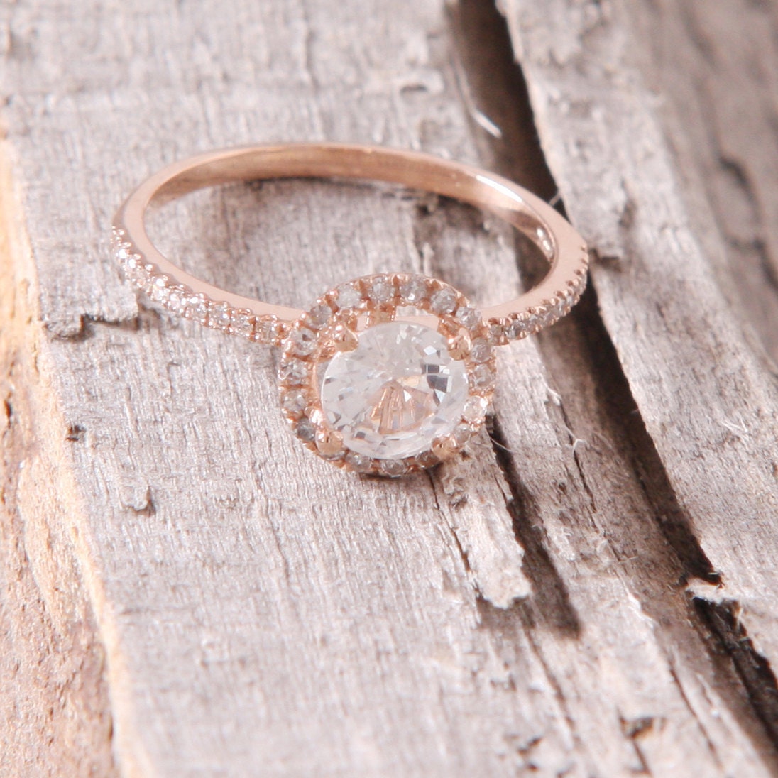 White sapphire diamond ring a 14k rose gold diamond setting