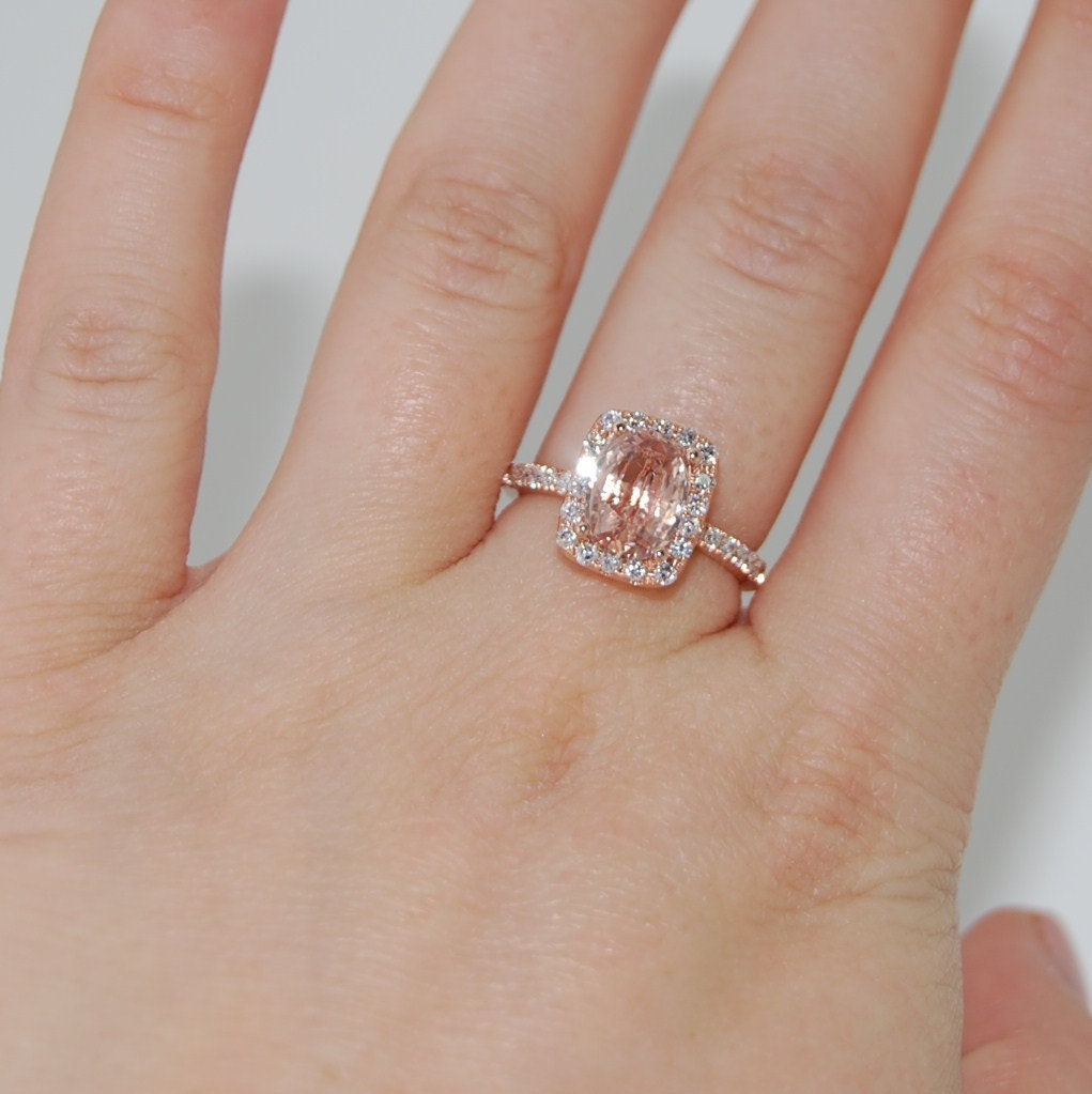 2.3ct Cushion peach champagne sapphire in 14k rose gold diamond ring