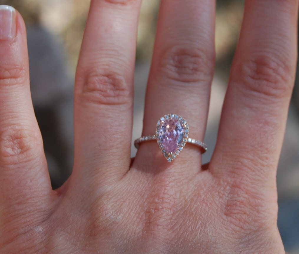 2ct Peach pink champagne tear drop sapphire and rose gold diamond ring