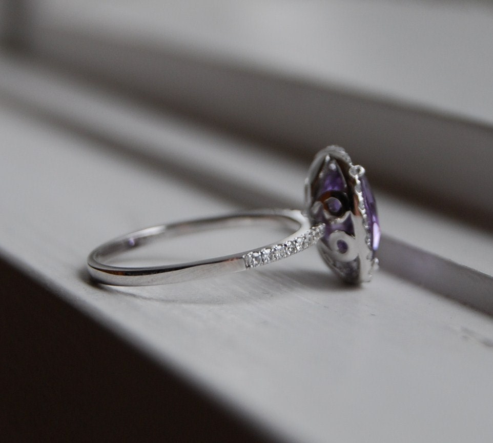 2.6ct Cushion Plum color change sapphire 14k white gold diamond engagement ring