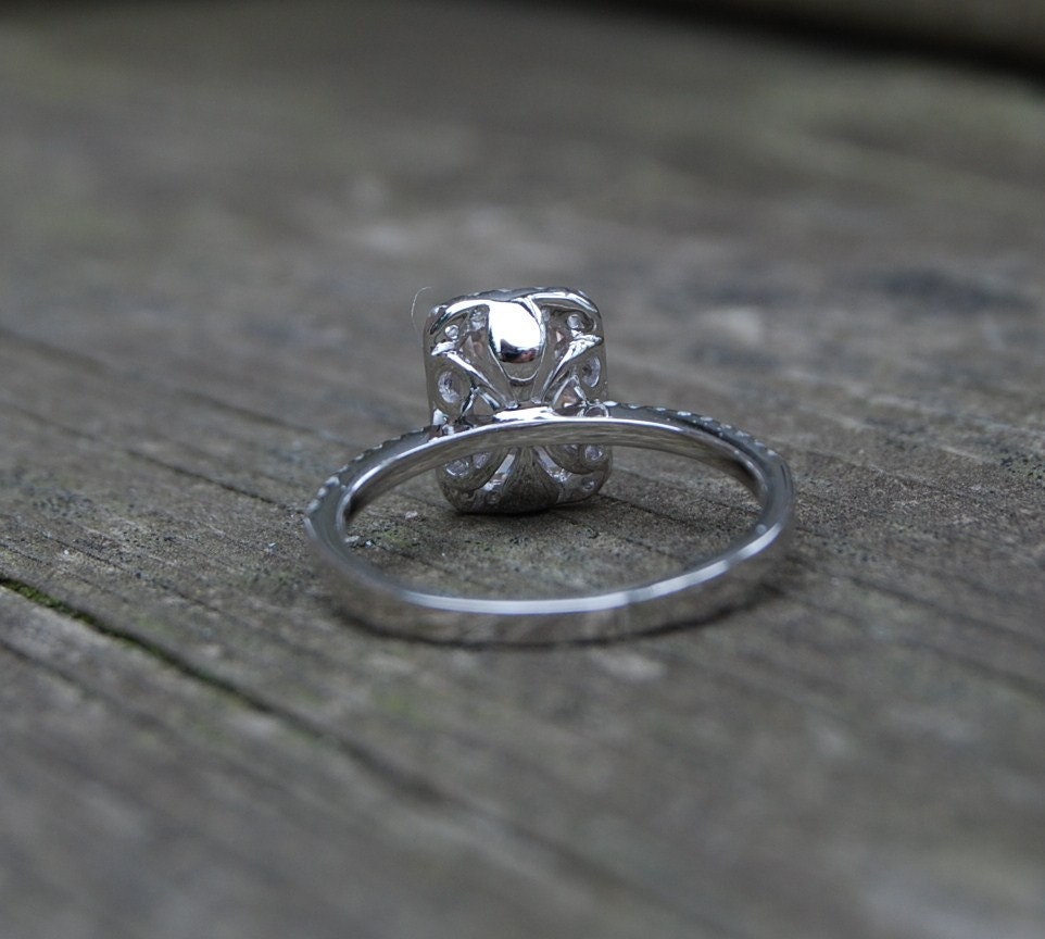1ct Cushion emerald Champaghe peach sapphire in a 14k white gold diamond ring