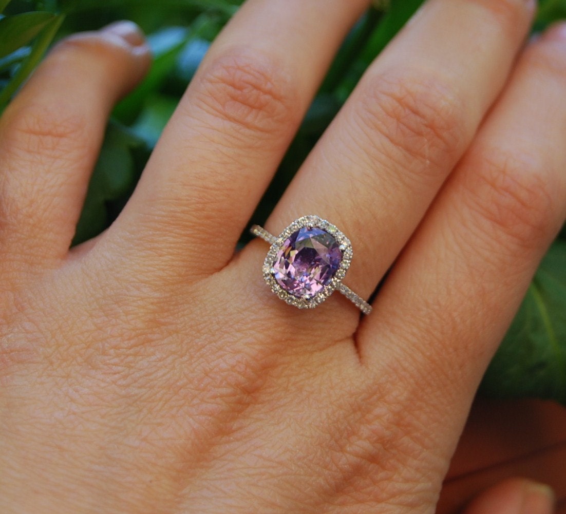2.6ct Cushion Plum color change sapphire 14k white gold diamond engagement ring