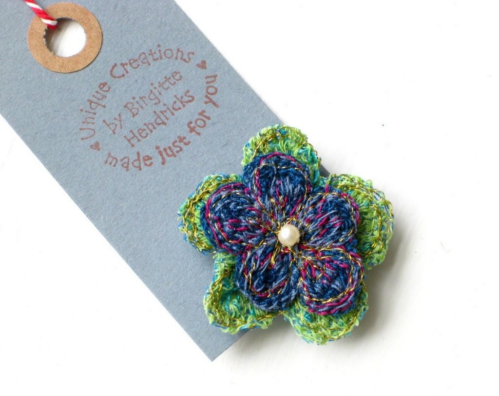 Flower brooch original fiber art lime Danish design