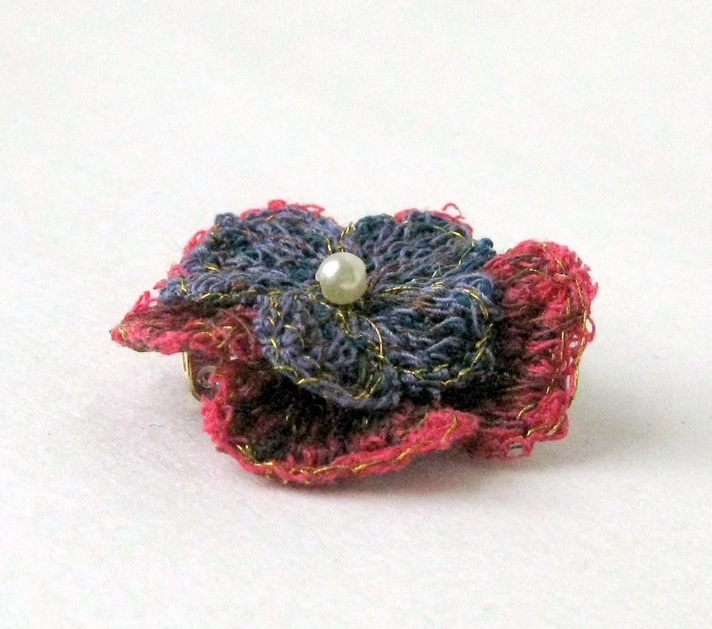 Brooch fiber art unique blue red Danish