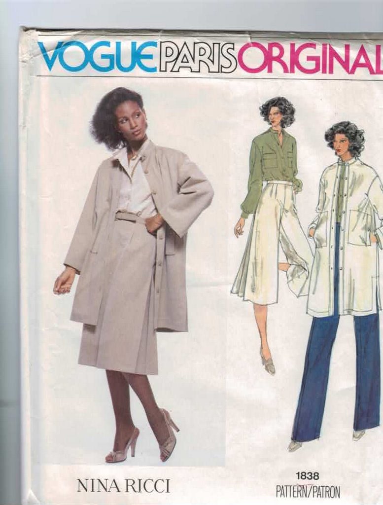 1980s Vintage Sewing Pattern Vogue Paris Original 1838 Nina Ricci Designer Skirt Pants Jacket Blouse Size 16 Bust 38 UNCUT 80s