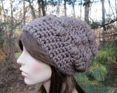 Crochet Hat, Crochet Womens Hat, Fall Fashion, Bobble Hat, Slouchy Hat, Toque, Taupe, Autumn Fashion, Chunky Hat