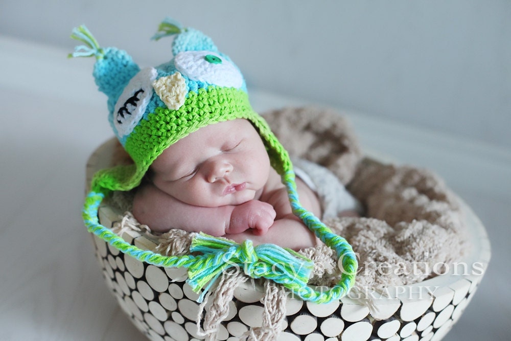 Crochet Baby Hat, Boy Owl Hat, Baby Boy Hat, Crochet Owl Hat, Newborn Owl Hat, Infant Owl Hat, Baby Animal Hat, Blue, Green, Winking Owl
