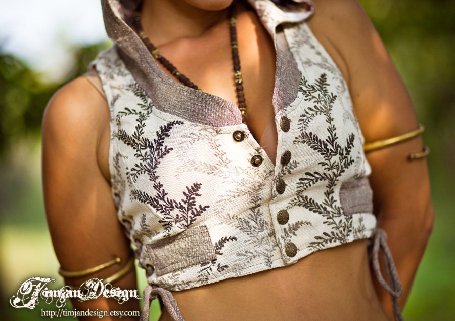 HOODIE LOTUS VEST - Cropped Waist coat - Fair trade Hippie linen silk - Off white Cream Beige Brown - Size L/xl: Lv-Og-3