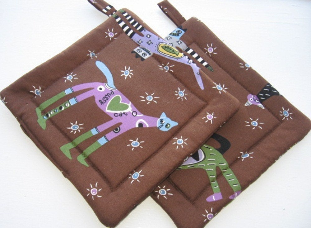 Handmade Quilted Pot Holders set of 2 It's Raining Cats