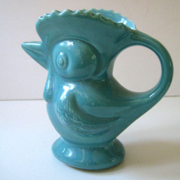Vintage 1950s rooster pitcher, turquoise.