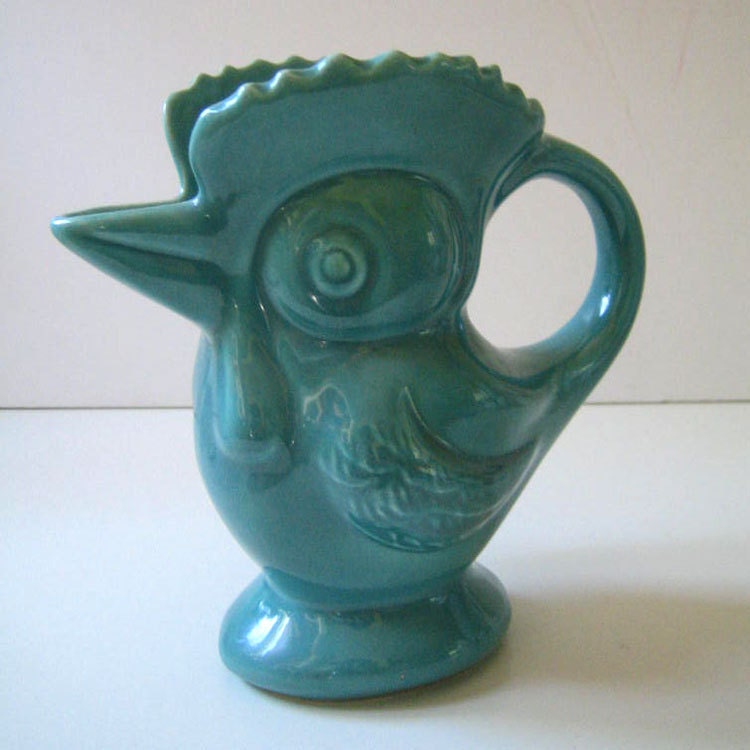 Vintage 1950s rooster pitcher, turquoise.
